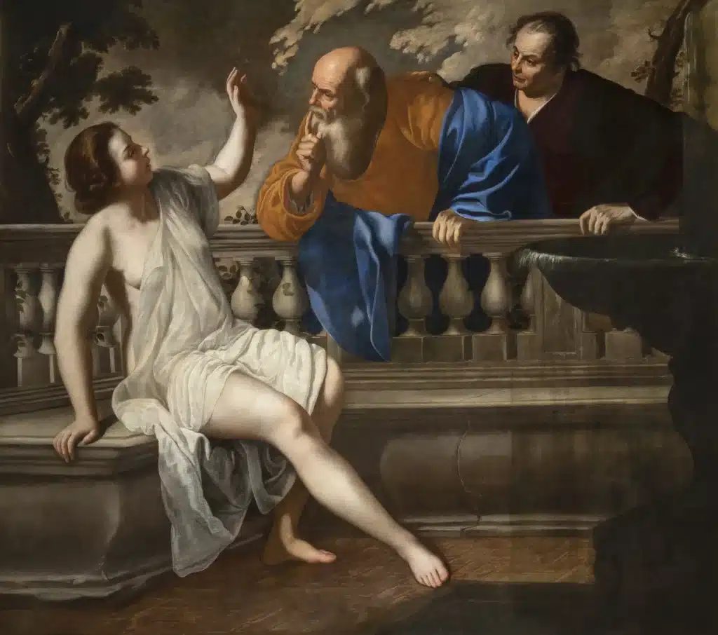 Artemisia Gentileschi’s Susanna and the Elders, a young woman in a white drape raising her hand against two old men leaning over a stone balustrade