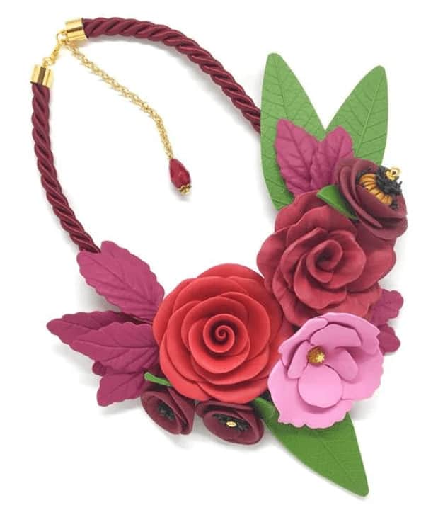 Burgundy Floral Necklace with Leaf Details