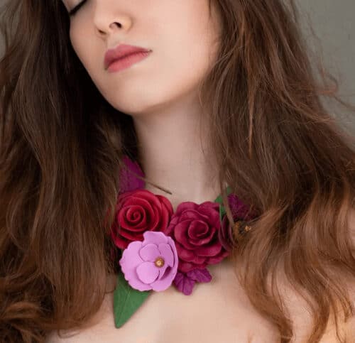 Burgundy Floral Necklace with Leaf Details