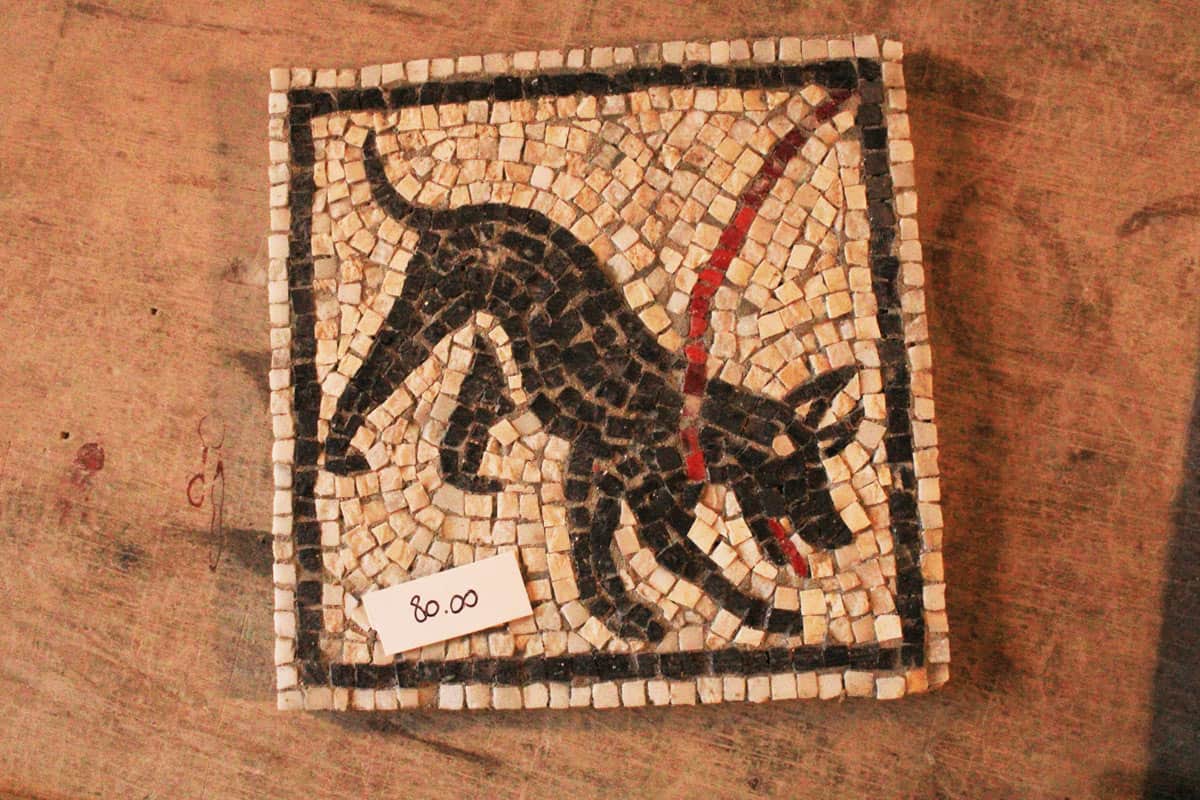 Mosaic tile, Black dog with red leash