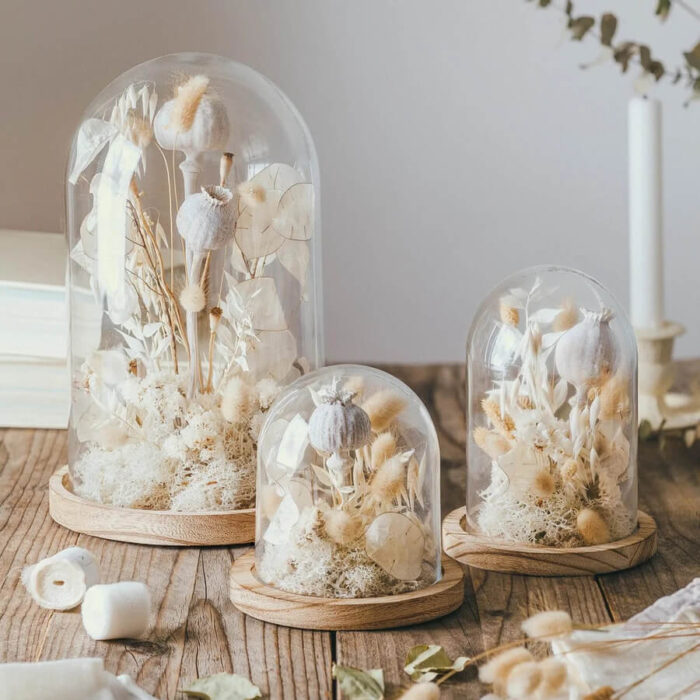 Glass dome with stabilized flowers