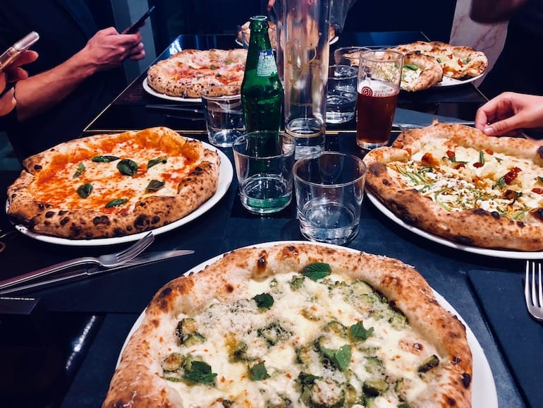 An assortment of pizzas