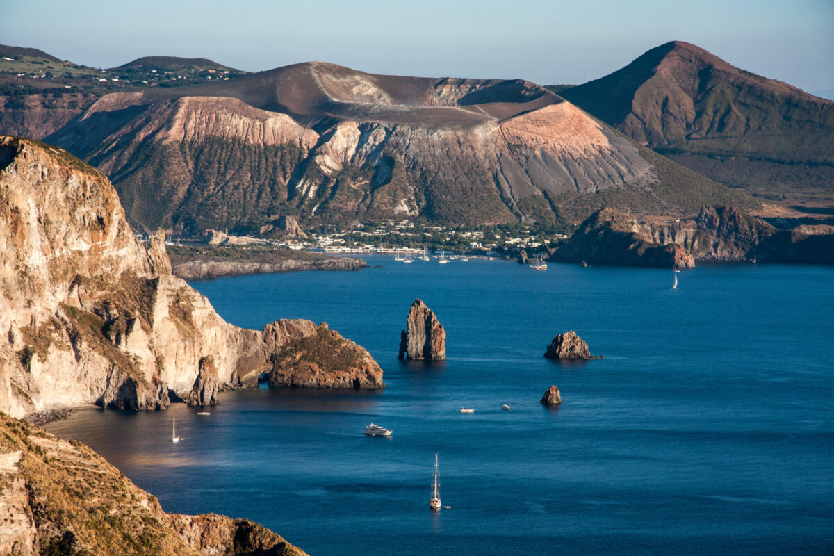 beautiful view on Vulcano island from Lipari island, Italy