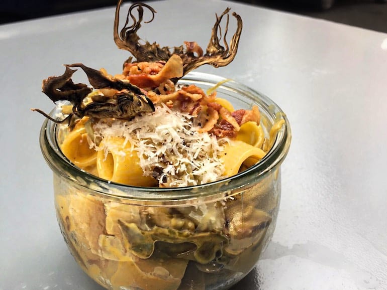 Carbonara with artichokes at Eggs restaurant
