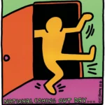Keith Haring’s 1988 poster for National Coming Out Day, showing a yellow figure dancing out of an open door