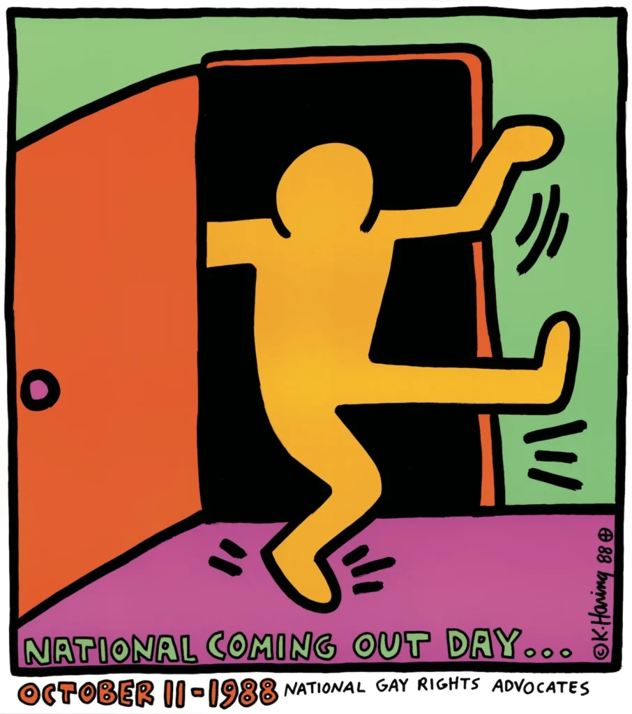 Keith Haring's 1988 poster for National Coming Out Day, showing a yellow figure dancing out of an open door