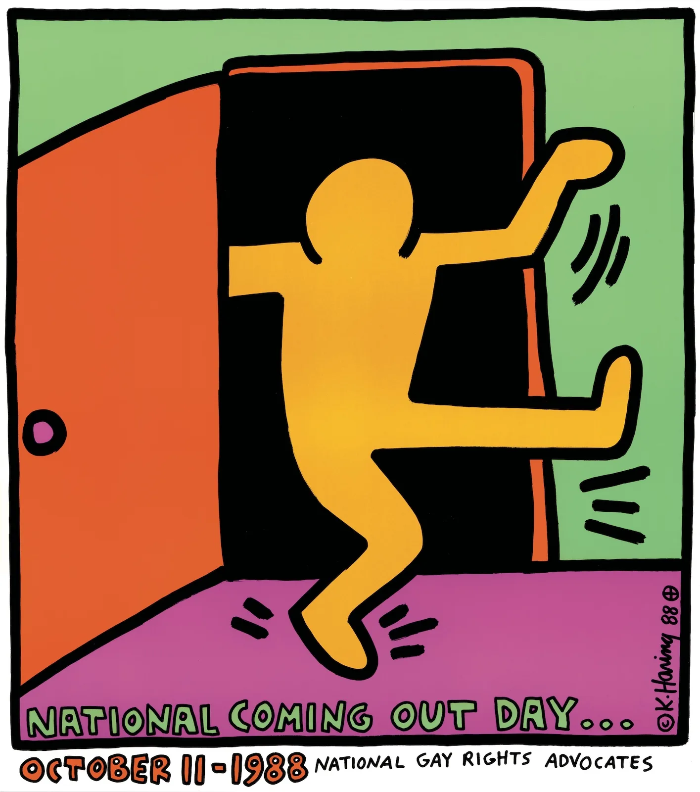 Keith Haring’s 1988 poster for National Coming Out Day, showing a yellow figure dancing out of an open door