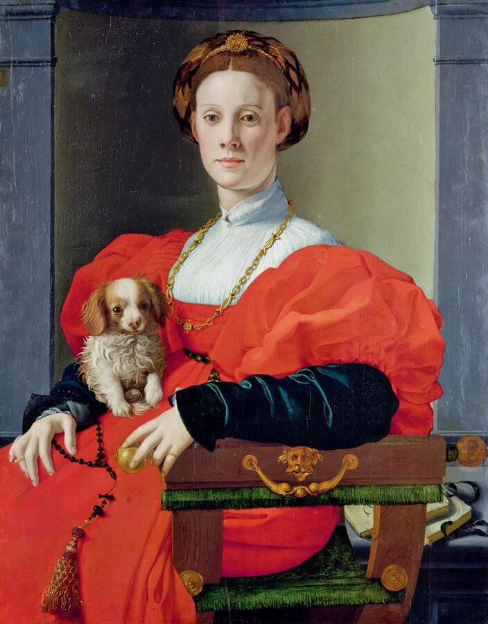 Bronzino's Portrait of a Lady in Red holding a small dog