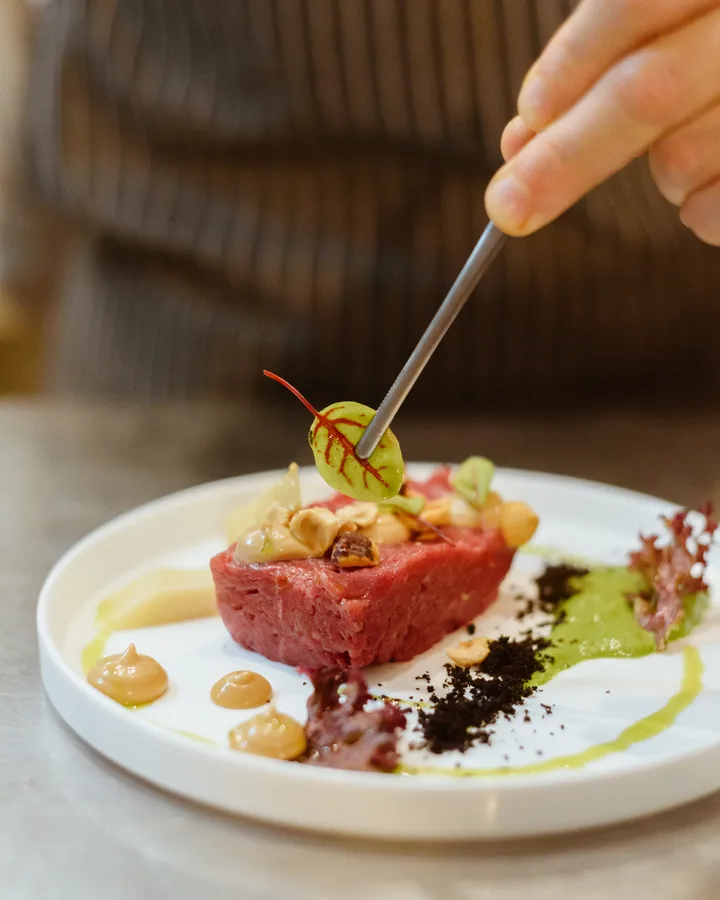 Beef tartare with hazelnut mayonnaise and pecorino at Osteria Oliva in Rome
